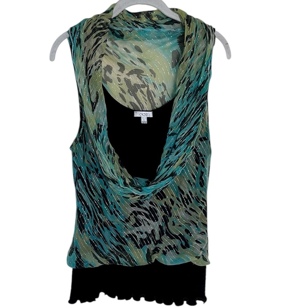Vintage Y2K Cache Silk Cowl Neck Abstract Print Metallic Smocked Top Sz L